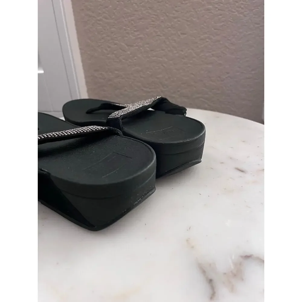Fitflop Women’s Black Rhinestone Sandals 6 Platform Thong Metallic Lightweight